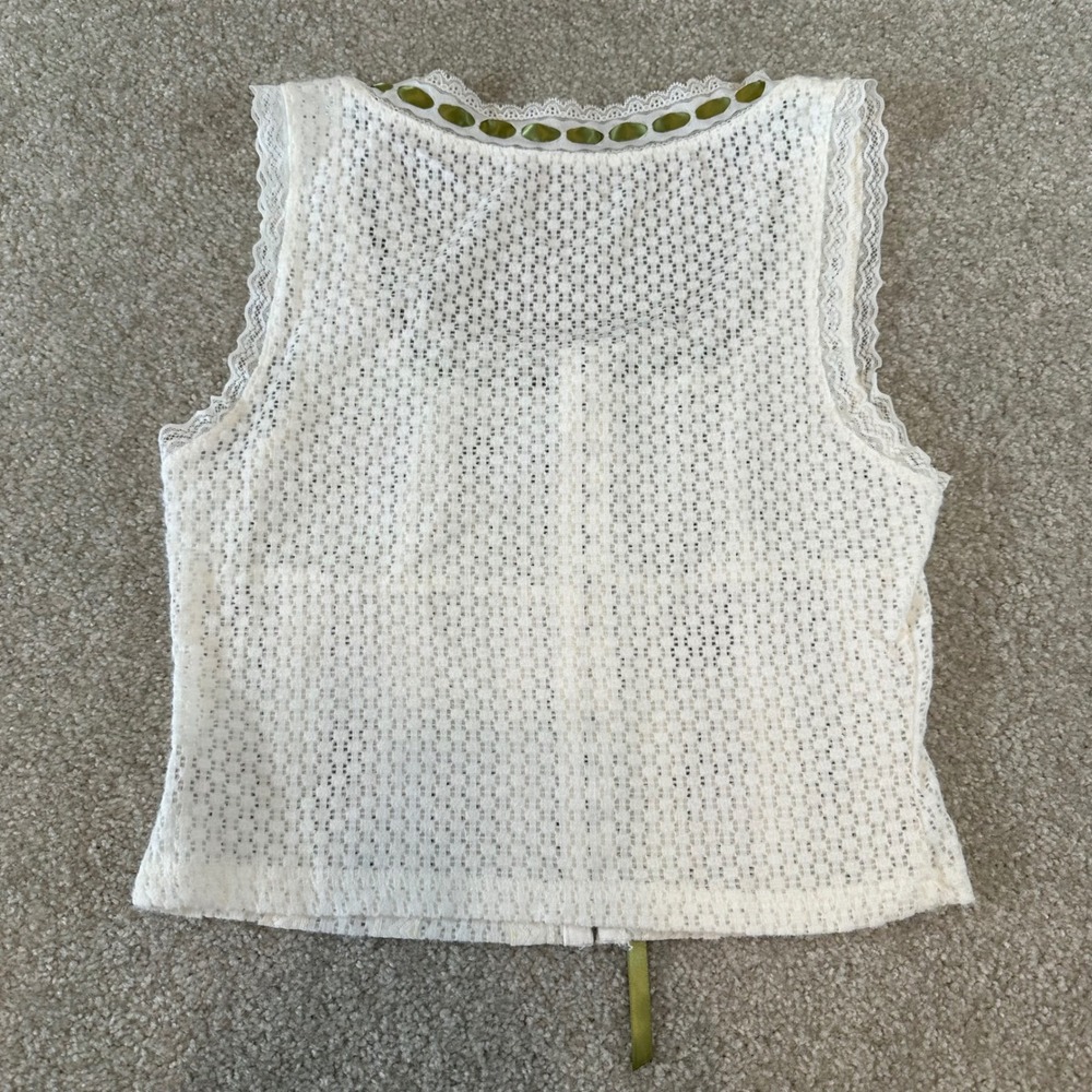 White Lace Crop Top Green Ribbon Bow Coquette Cottagecore Sleeveless Large - Picture 6 of 7